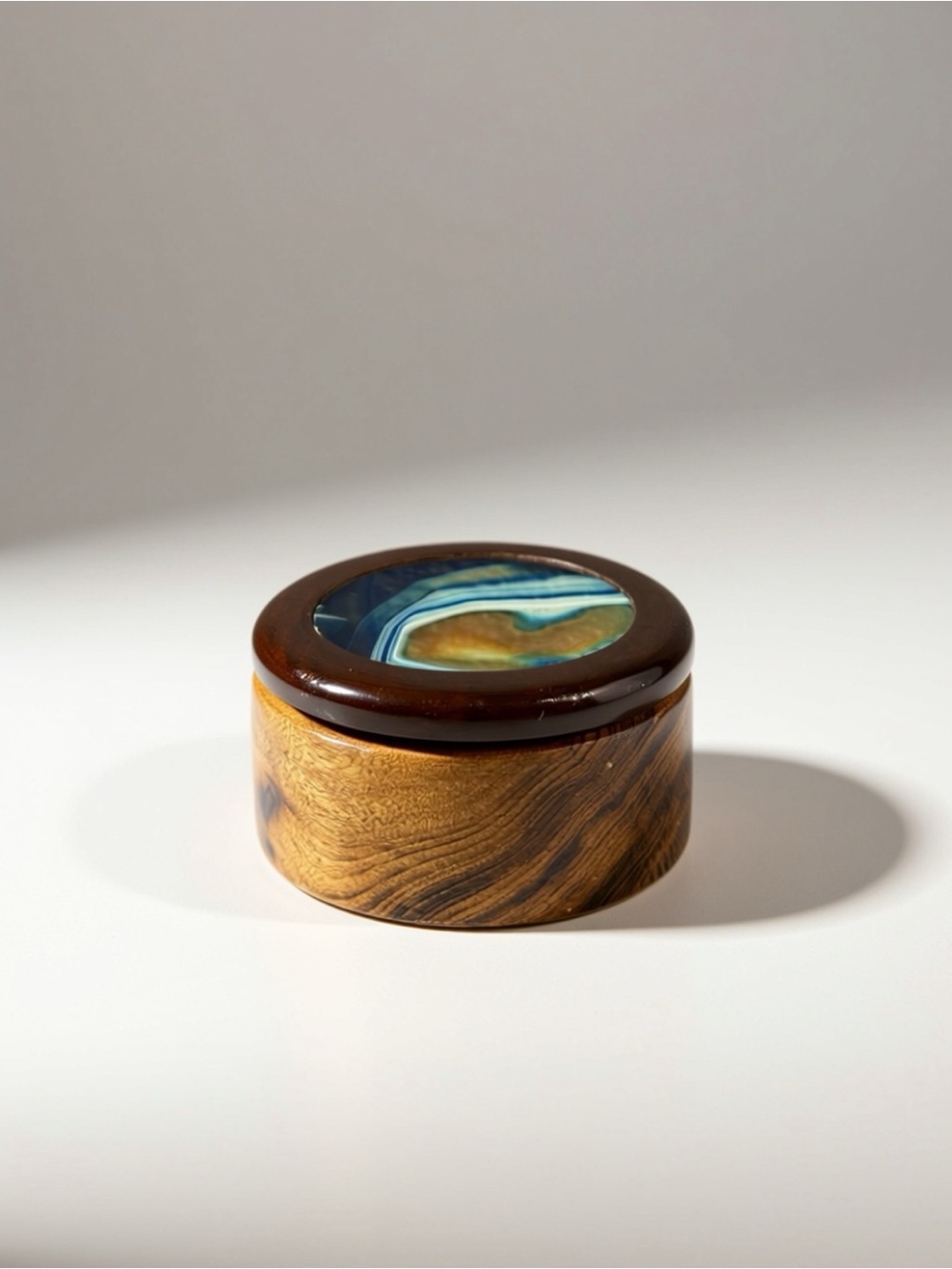 Handcrafted Wood Trinket Box with Blue Inlay